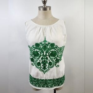 Max Studio Specialty Product Women's White Green Embroidered Women's Top, sz SM